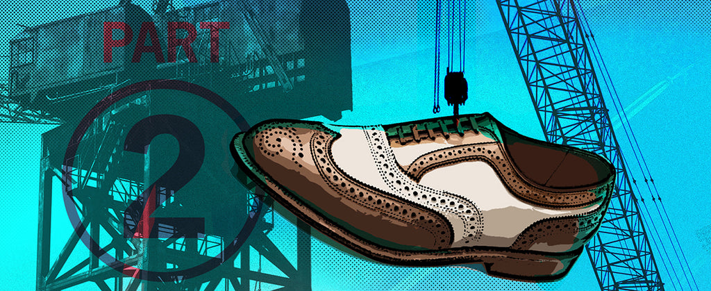 wingtip shoe being lifted by construction crane (comic featured image)