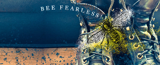 honeybee approaching old leather work boots "bee fearless" - artistic image