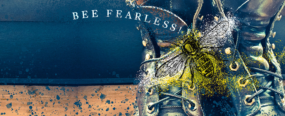 honeybee approaching old leather work boots "bee fearless" - artistic image