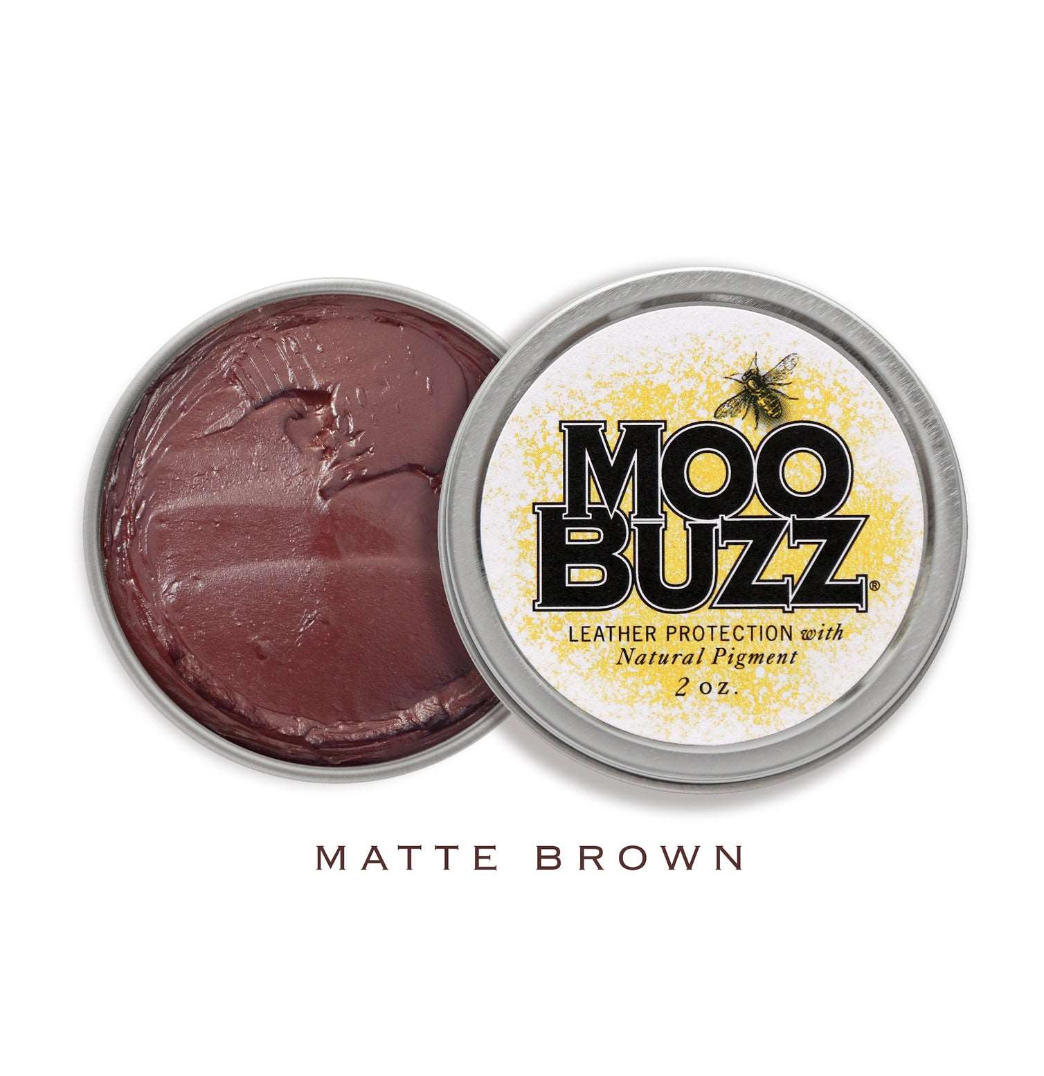 Open tin with MooBuzz logo and matte brown product.
