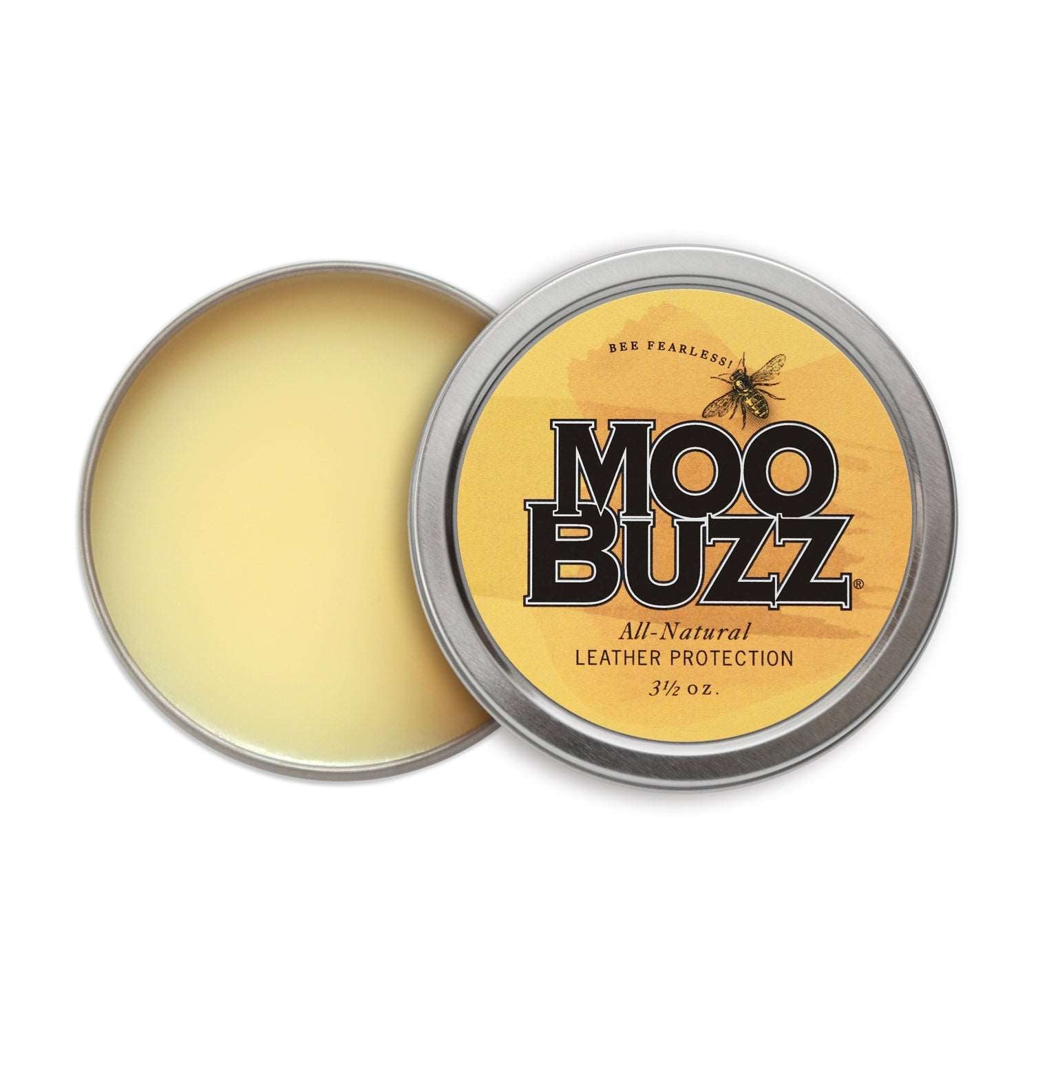 Open tin with MooBuzz logo and all-natural leather protection