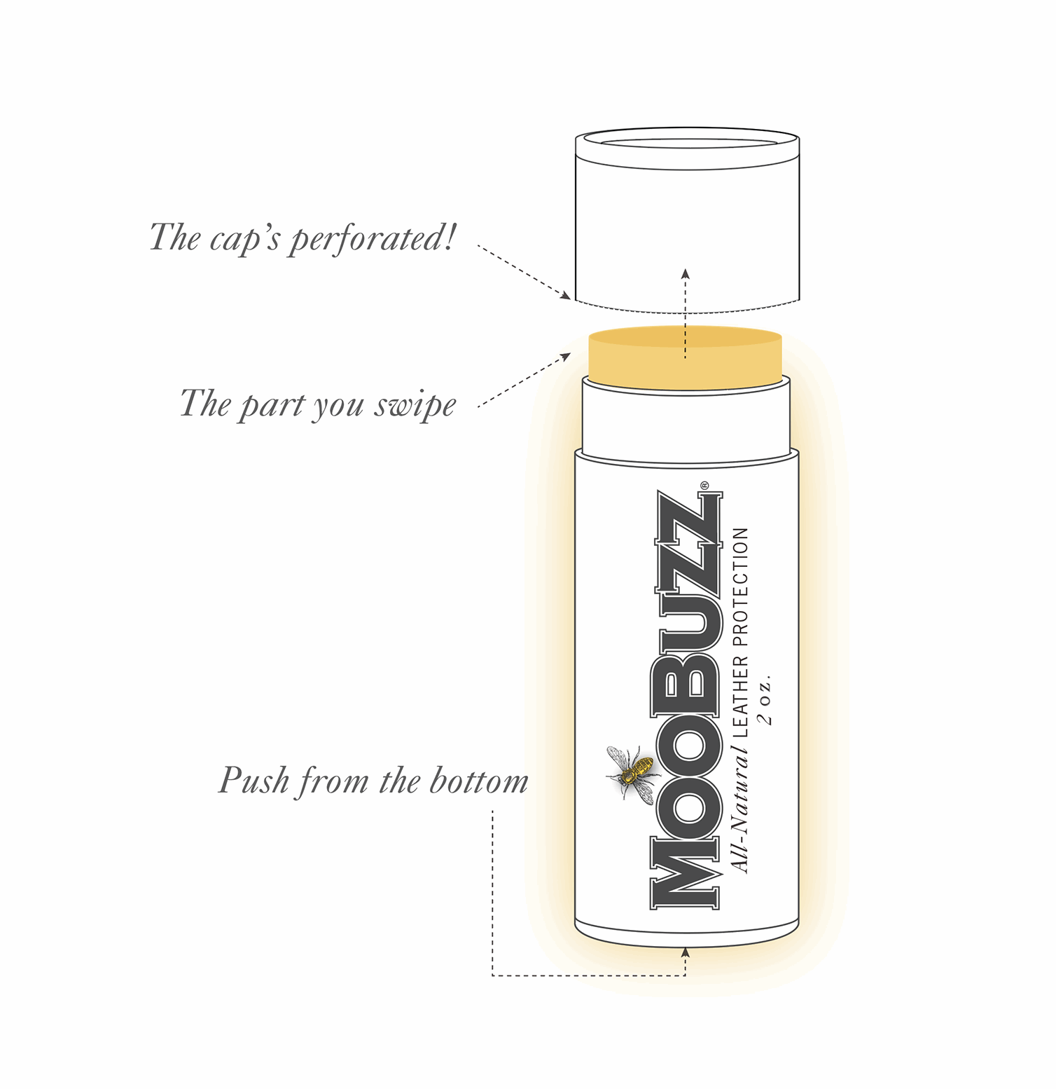 Diagram showing how label on kraft tube is perforated for easy removal of cap