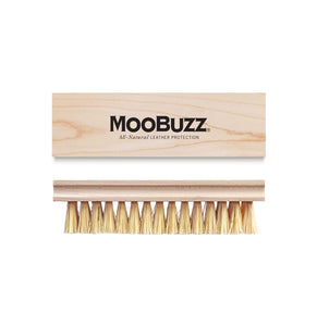 Top and side view of brush with wooden handle and natural bristles for cleaning leather.