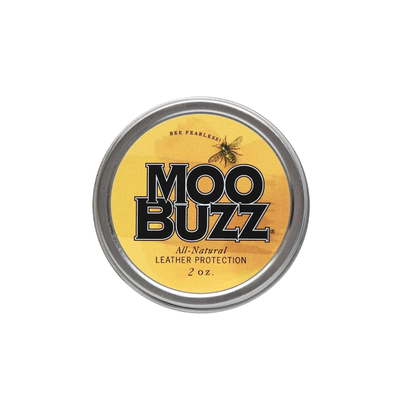 Closed travel sized tin of MooBuzz all-natural leather protection