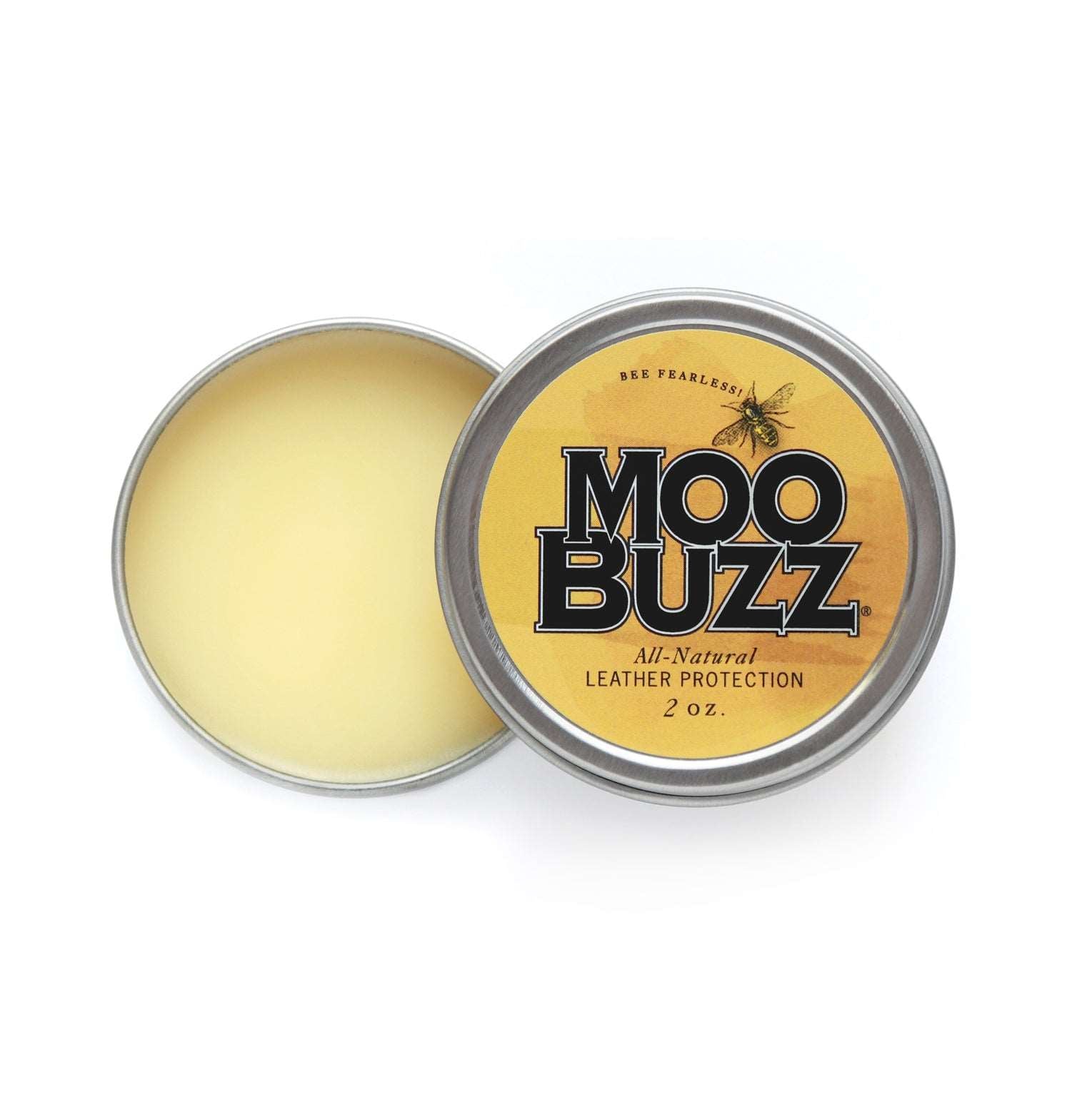 Open travel size tin with MooBuzz all-natural leather protection