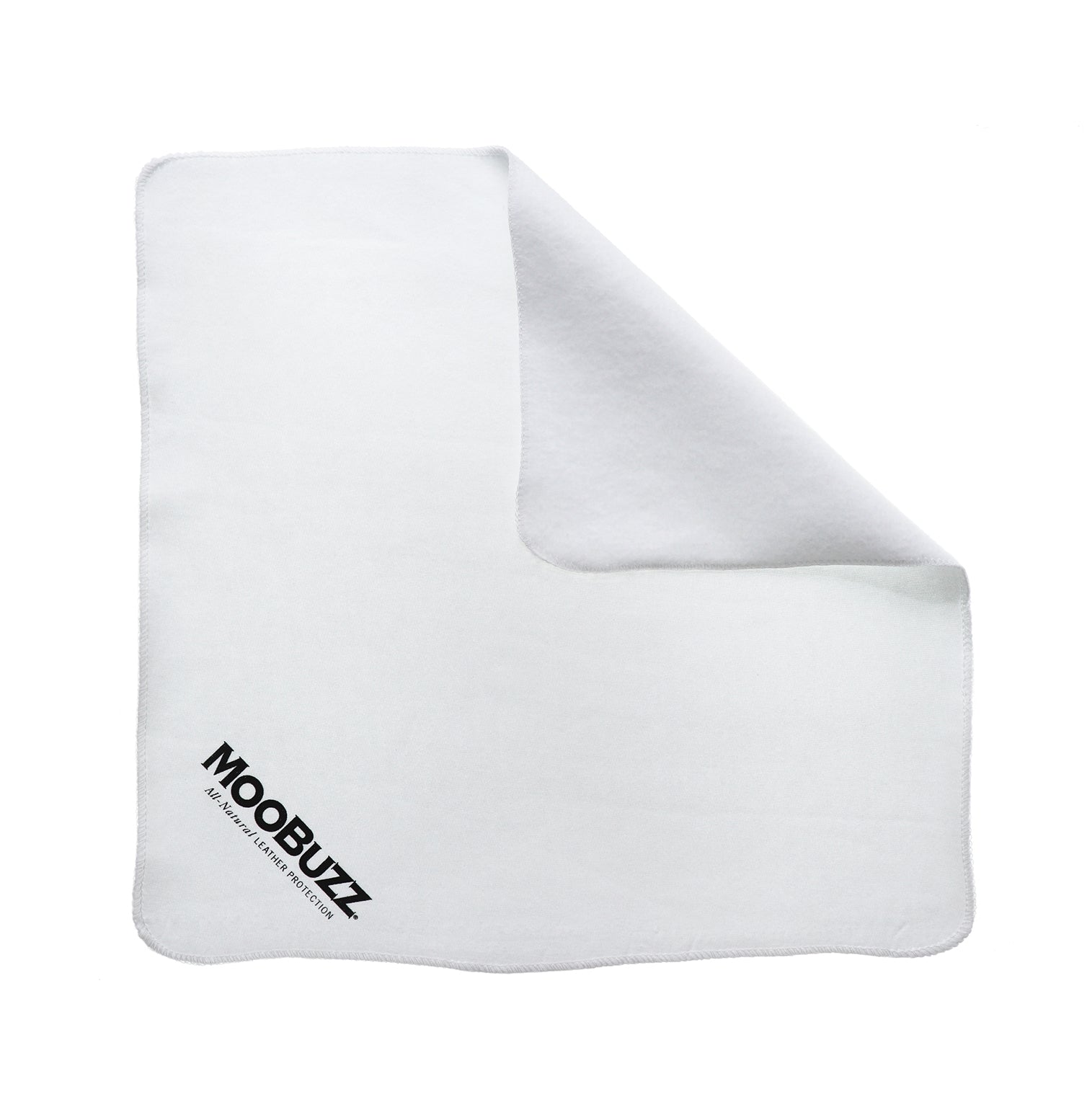 White cotton shoe shine cloth laid out flat with top right corner folded over to show two-sided fabric with smooth side and fuzzy side.