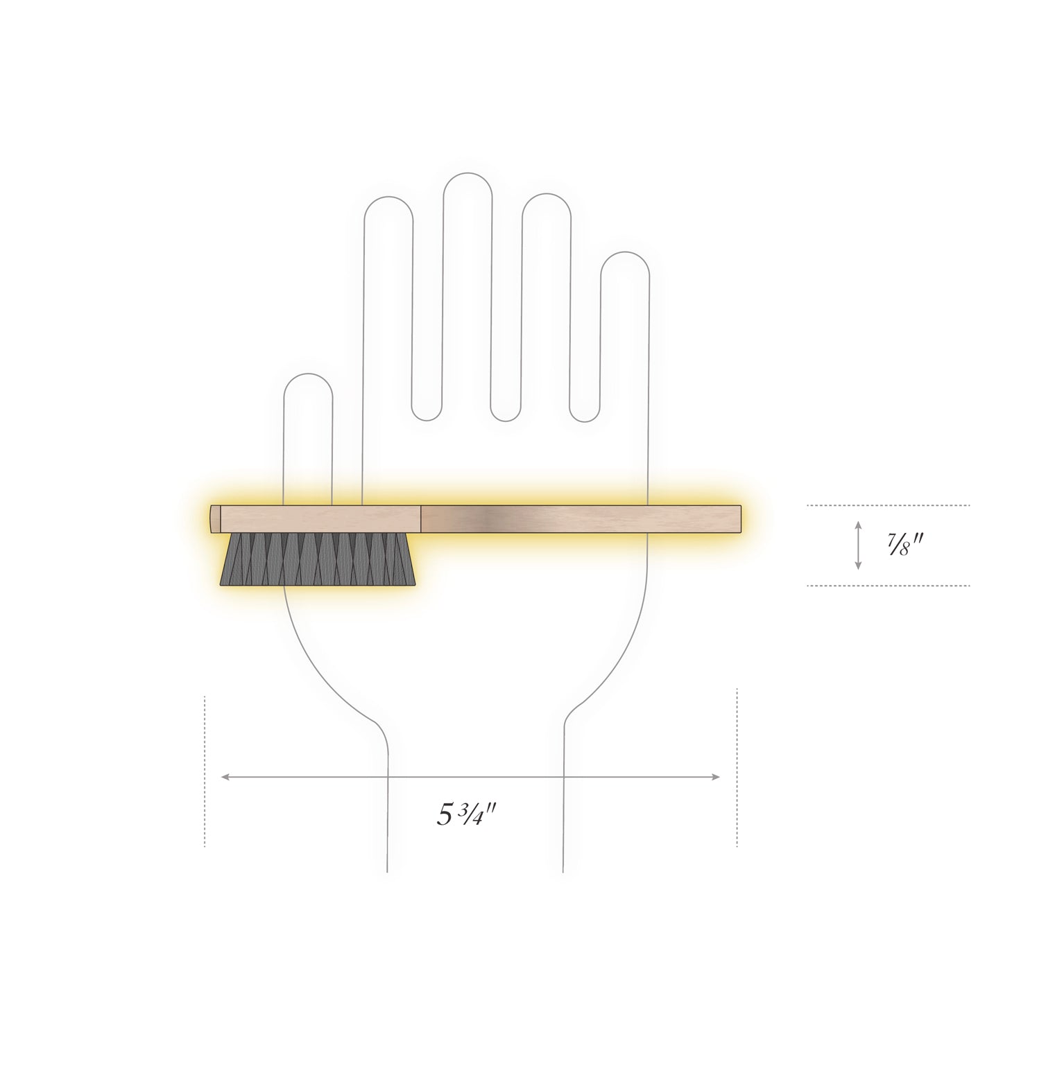 Diagram of human hand and small wood-handled welt brush with horsehair bristles showing size of brush to be five and three-quarters inches in length and five-eighths inch in width.