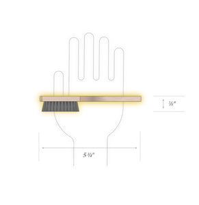 Diagram of human hand and small wood-handled welt brush with horsehair bristles showing size of brush to be five and three-quarters inches in length and five-eighths inch in width.