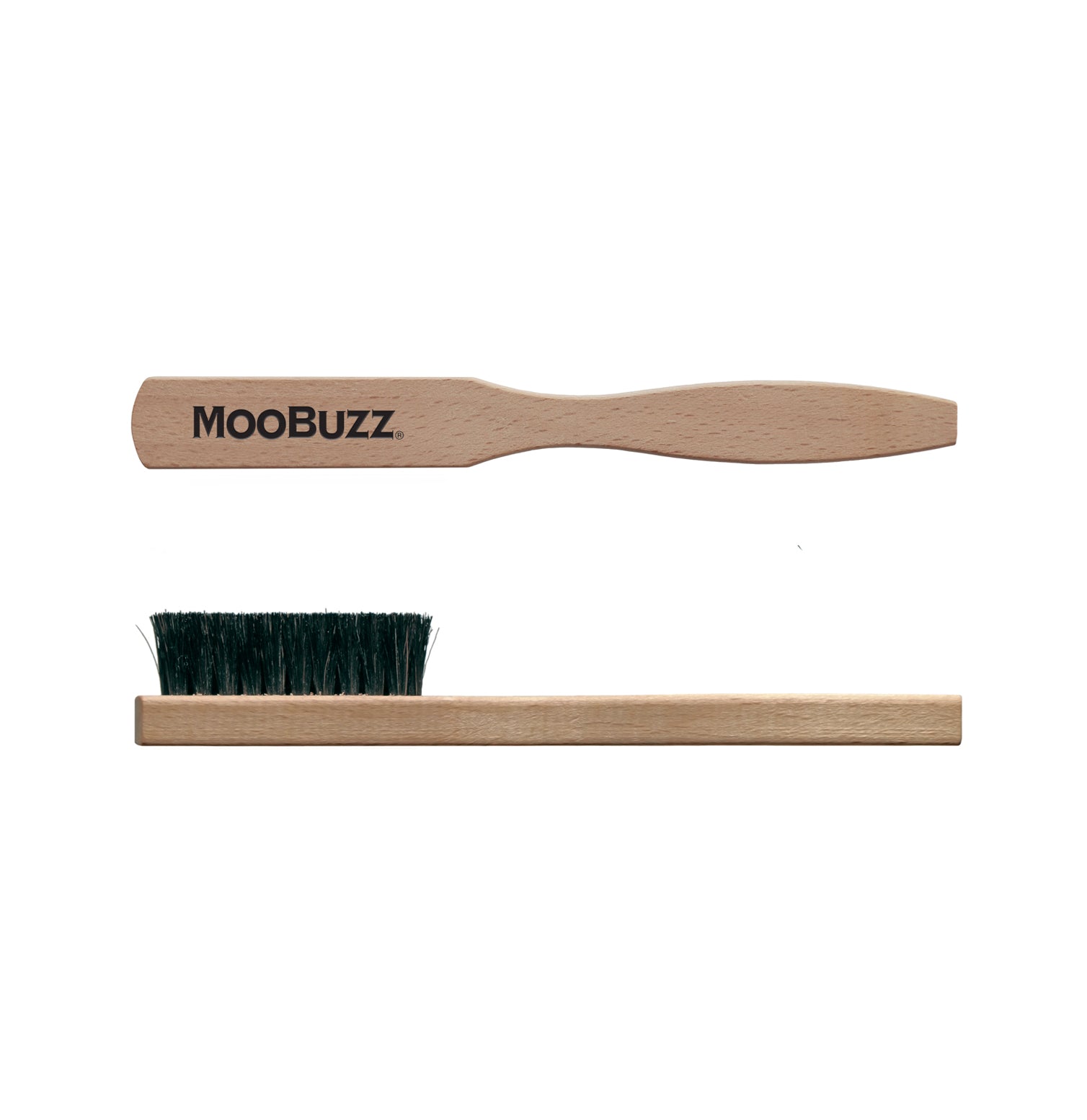 Top and side view with shaped wooden handle and horsehair bristles for cleaning and shining leather.
